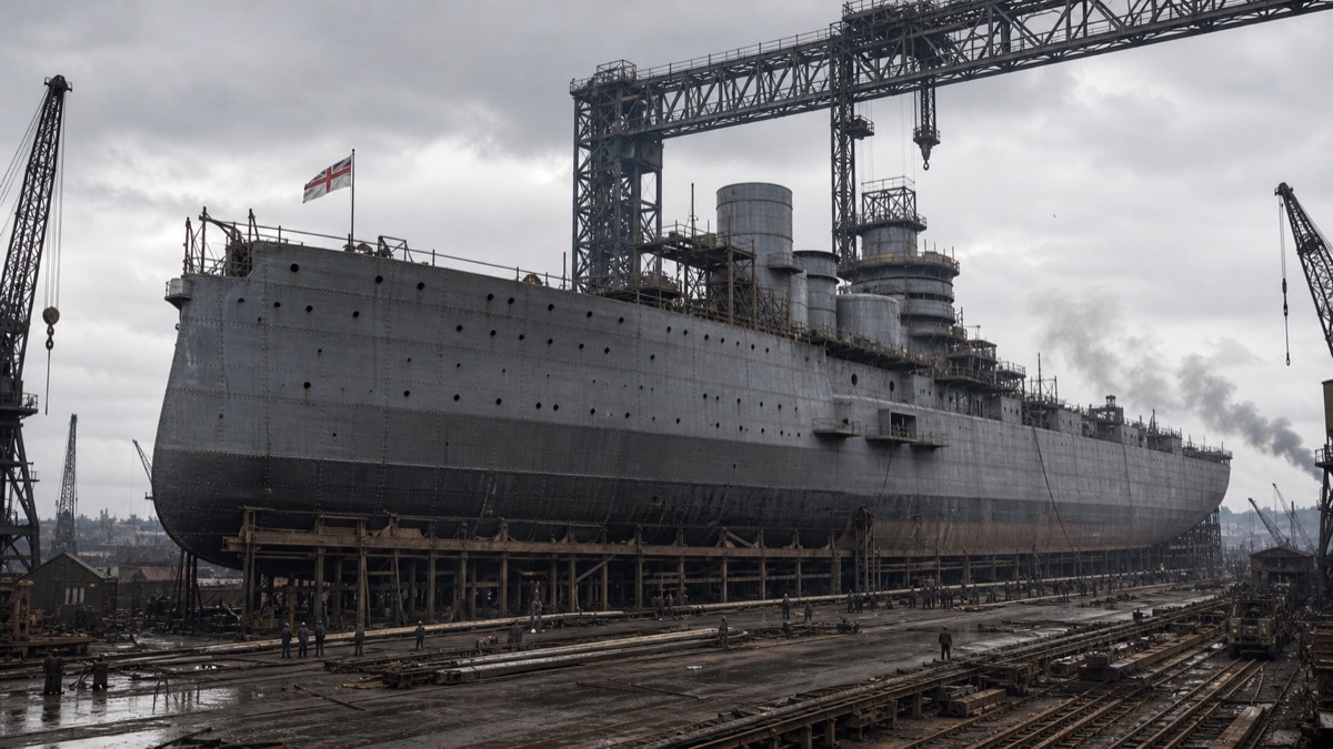 英国造船所で建造される戦艦金剛のイメージ