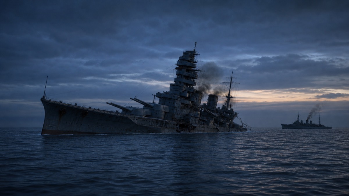 台湾海峡で沈みゆく戦艦金剛のイメージ