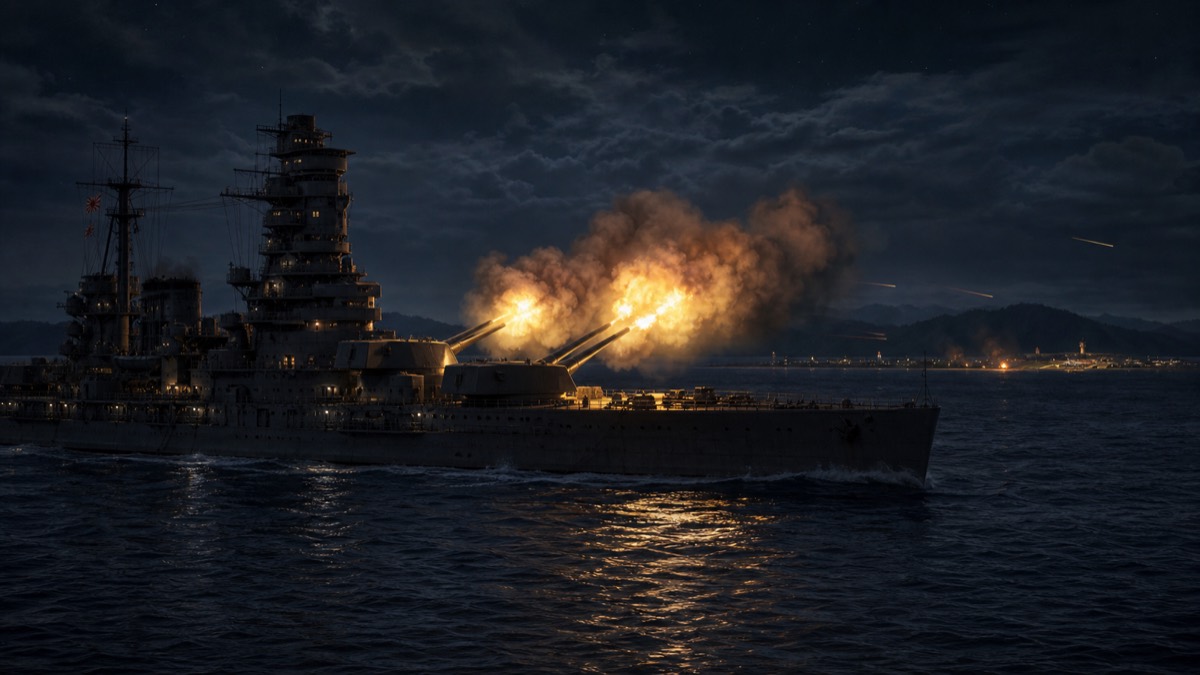 ヘンダーソン飛行場を夜間砲撃する戦艦金剛のイメージ