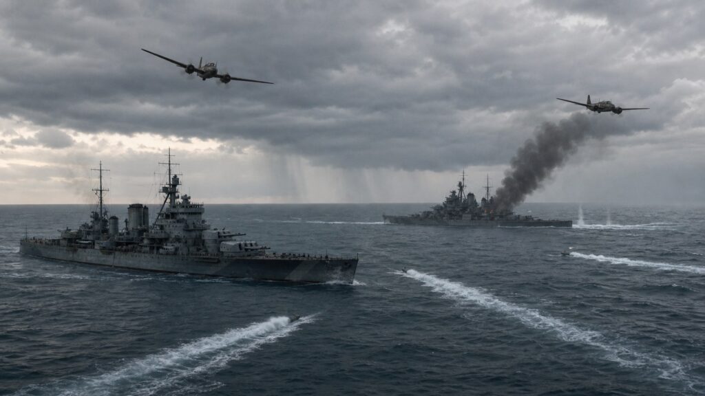 マレー沖海戦で航空攻撃を受ける英艦隊