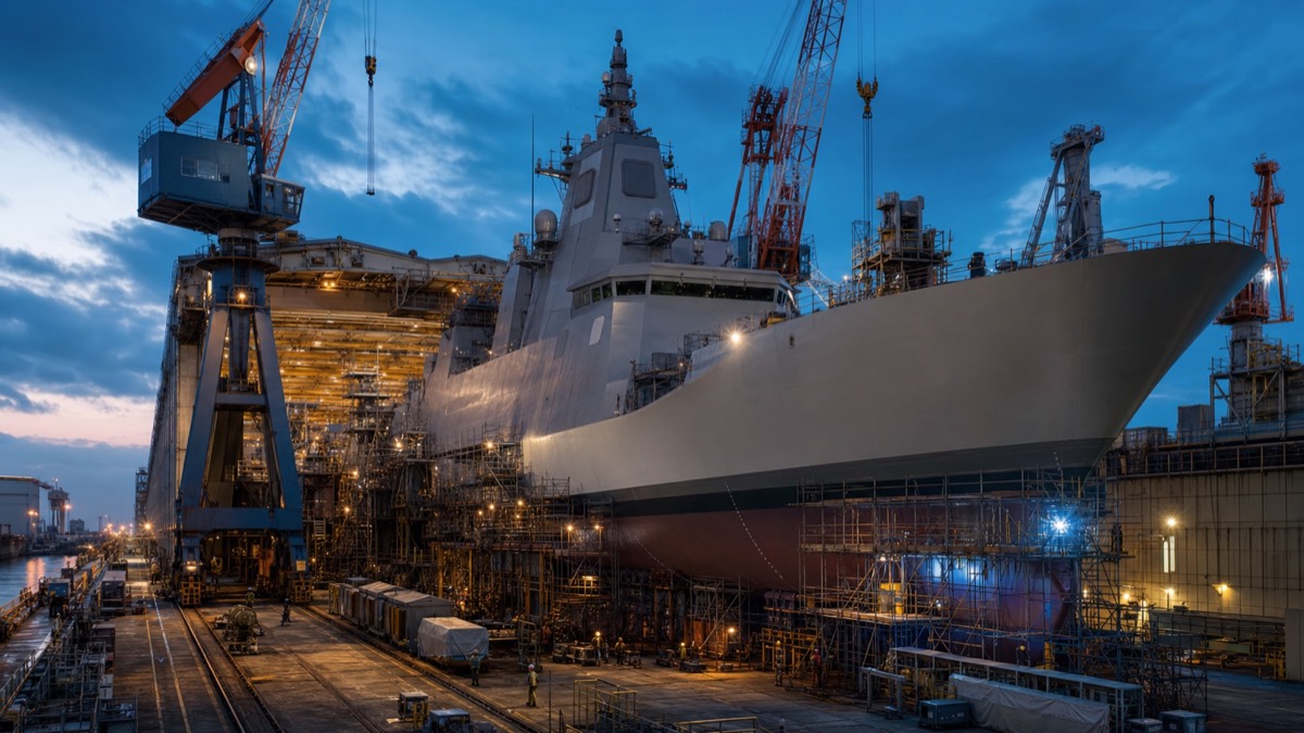 三菱重工の艦艇建造ともがみ型護衛艦を連想させる造船所イメージ