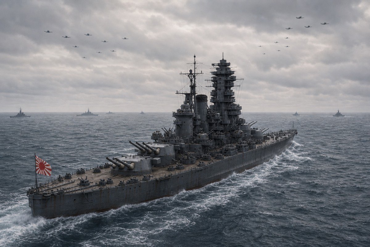 レイテ沖海戦で航空脅威を受ける戦艦長門のイメージ