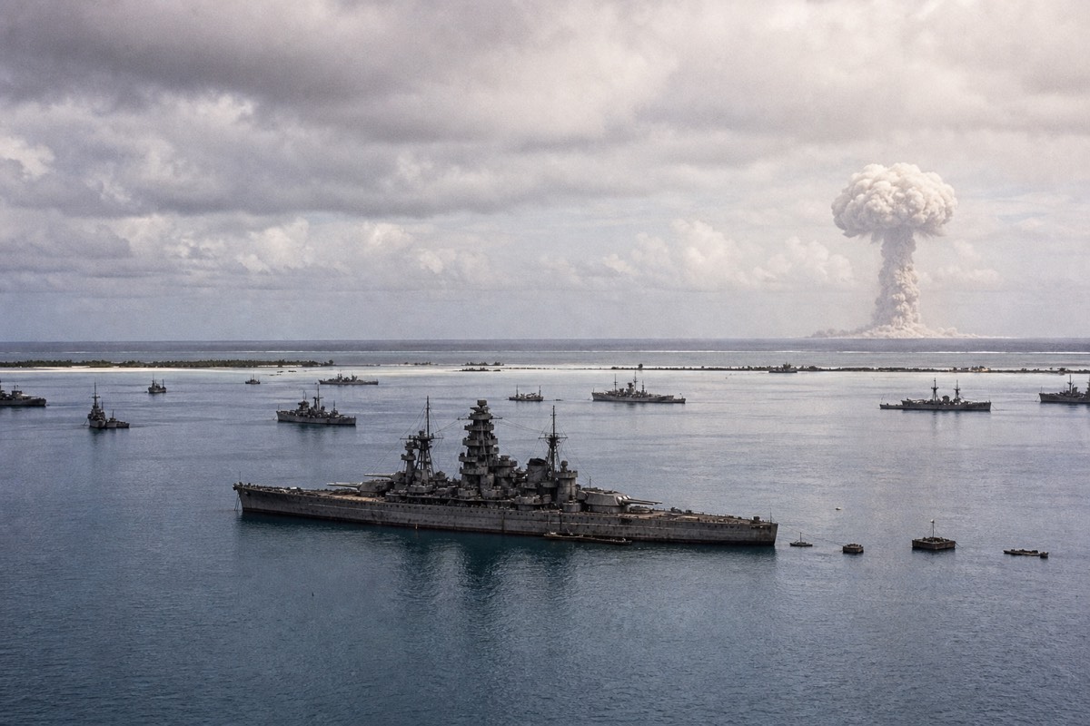 ビキニ環礁のクロスロード作戦で標的艦となった戦艦長門のイメージ