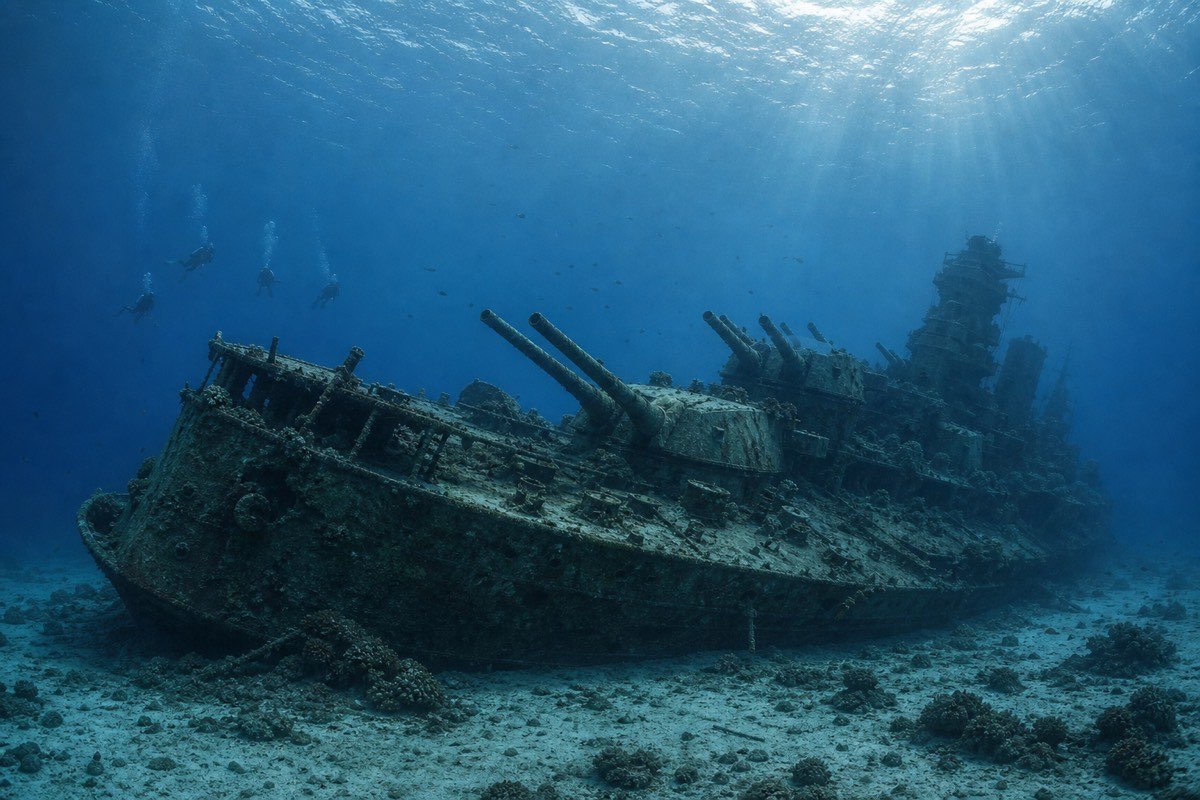 ビキニ環礁の海底に残る戦艦長門の沈船イメージ