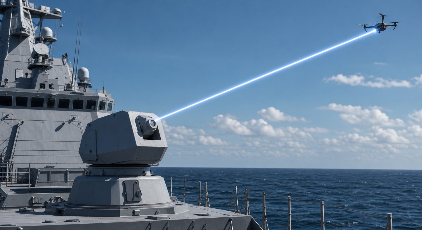 艦載レーザー兵器がドローンを迎撃するイメージ
