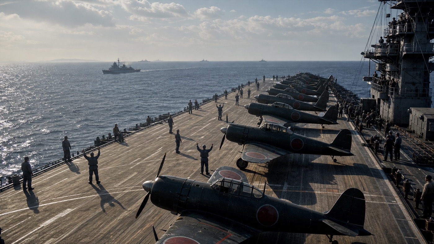 空母翔鶴の飛行甲板で艦載機を運用するイメージ