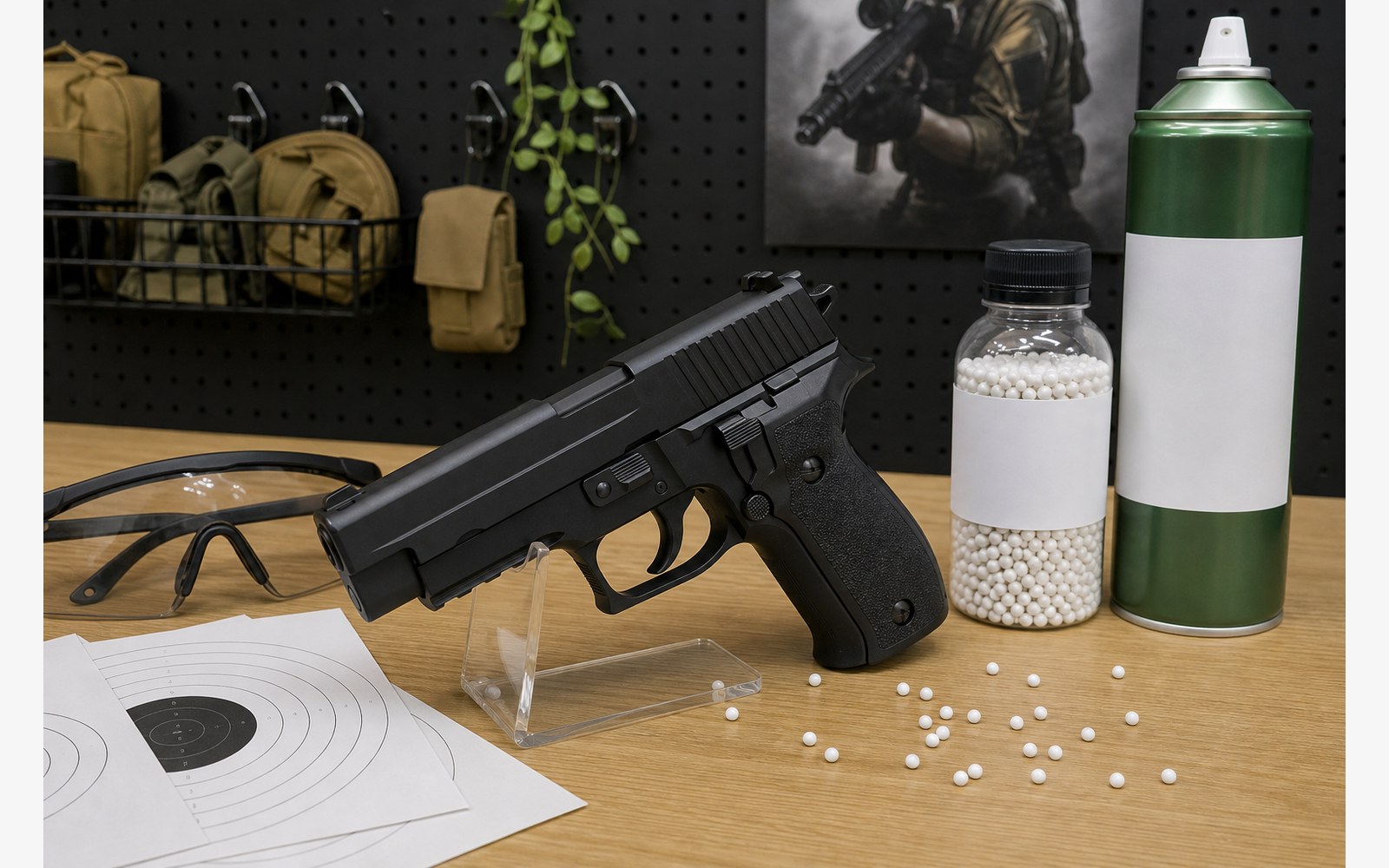 SIG P226エアガンと保護具のイメージ