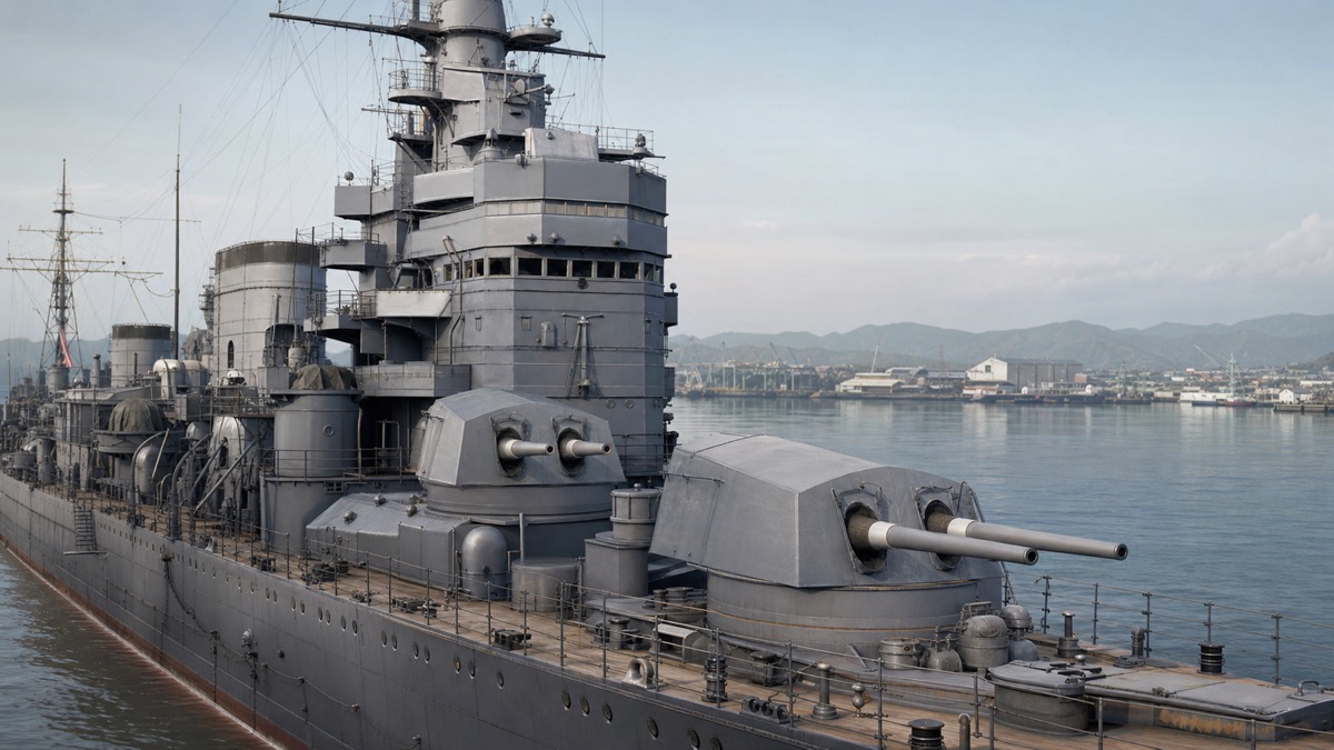 高雄型重巡洋艦の巨大艦橋と前部主砲のイメージ