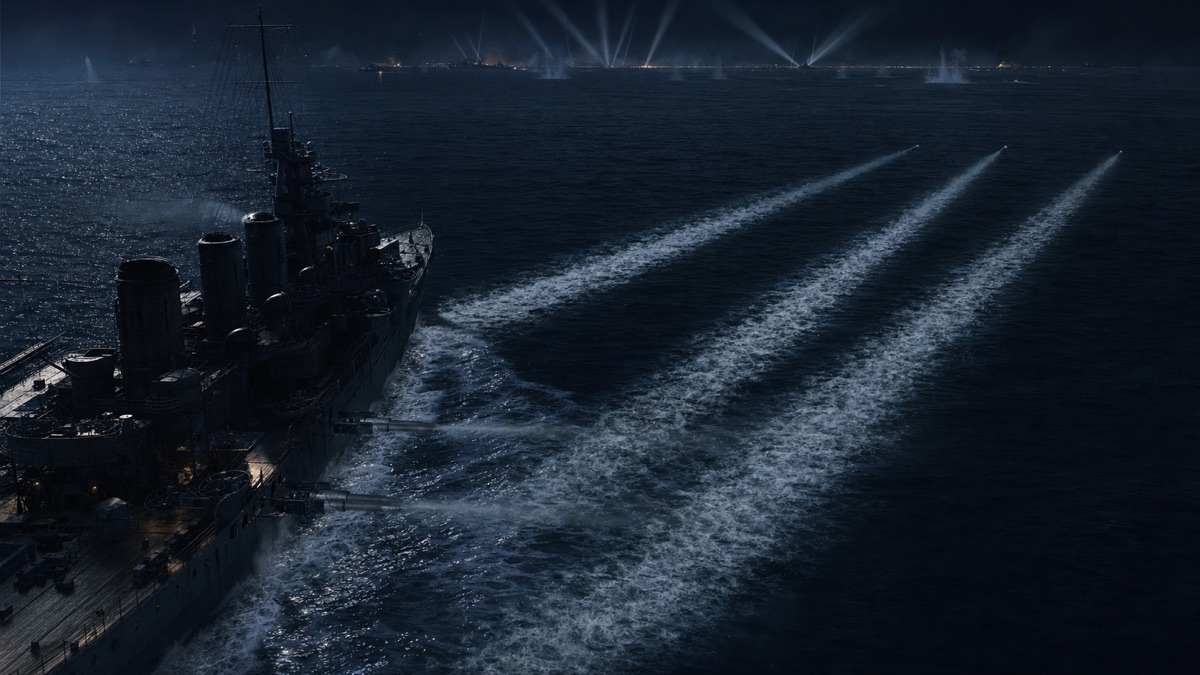 高雄型重巡洋艦が夜戦で魚雷を発射するイメージ