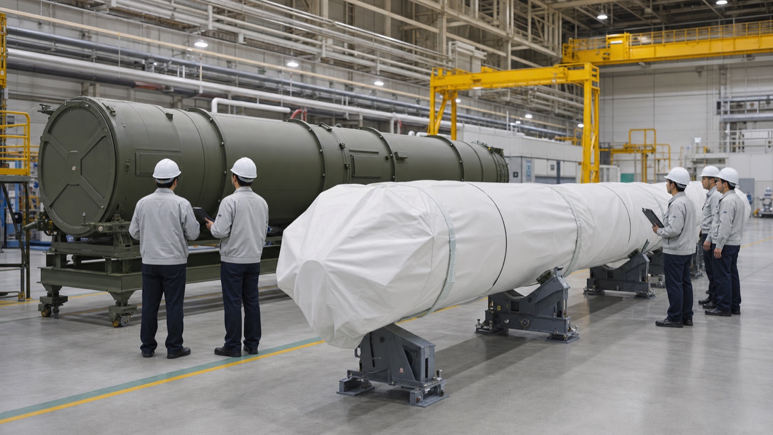 防衛産業の工場で長射程ミサイル関連装備を点検するイメージ