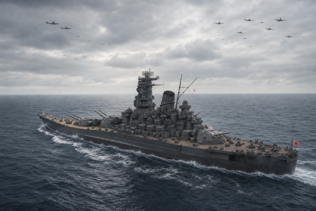 航空脅威下を航行する戦艦大和のイメージ