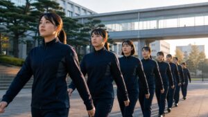 防衛大学校のキャンパスを歩く成人の女子学生