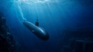 深度目盛りに沿って深海へ降下する軍用潜水艦