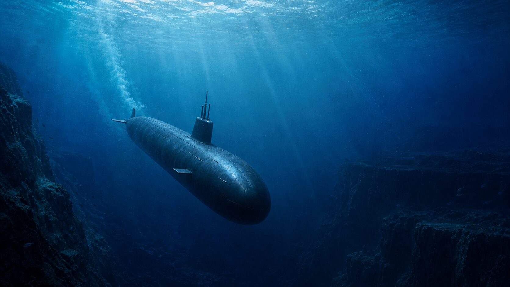 深度目盛りに沿って深海へ降下する軍用潜水艦