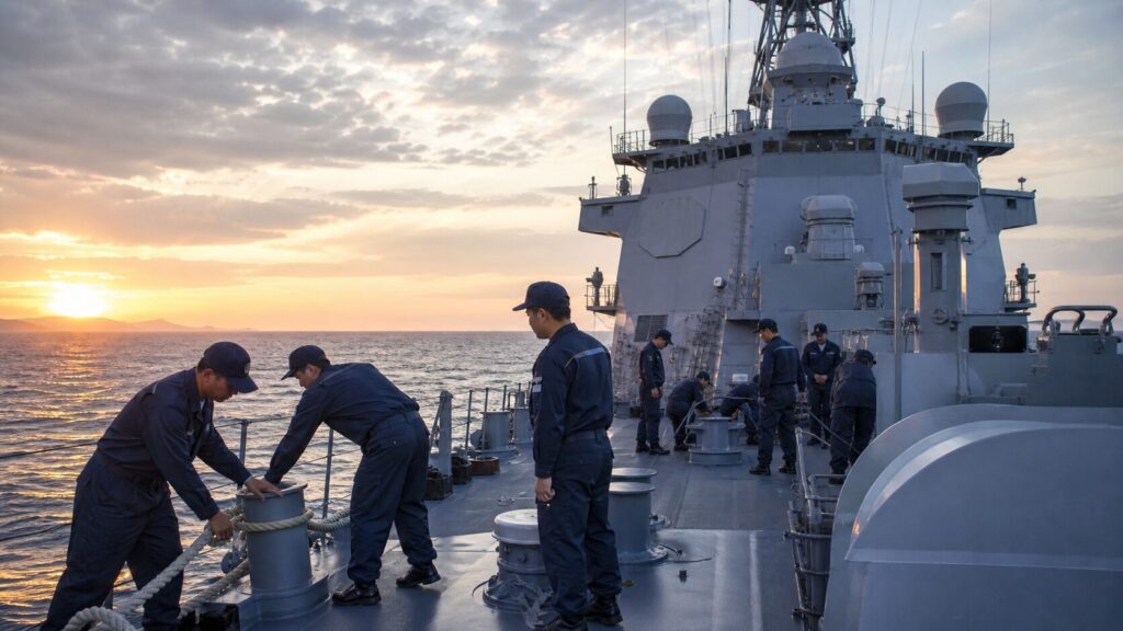 日の出の護衛艦甲板で勤務準備を進める海上自衛官