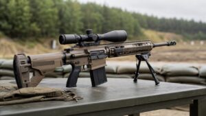 射撃場で二脚を展開したG28系精密射撃銃