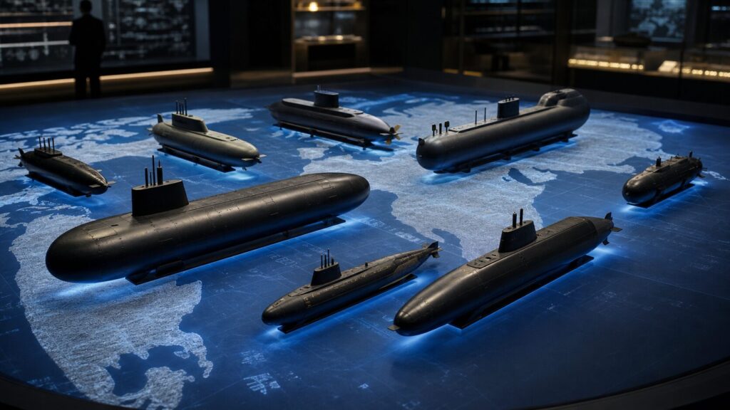 世界各国の潜水艦戦力を規模別に比較した展示