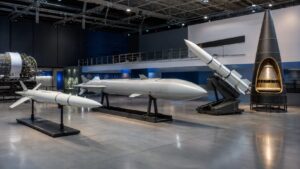航空宇宙展示館に並ぶ複数種類のミサイル模型