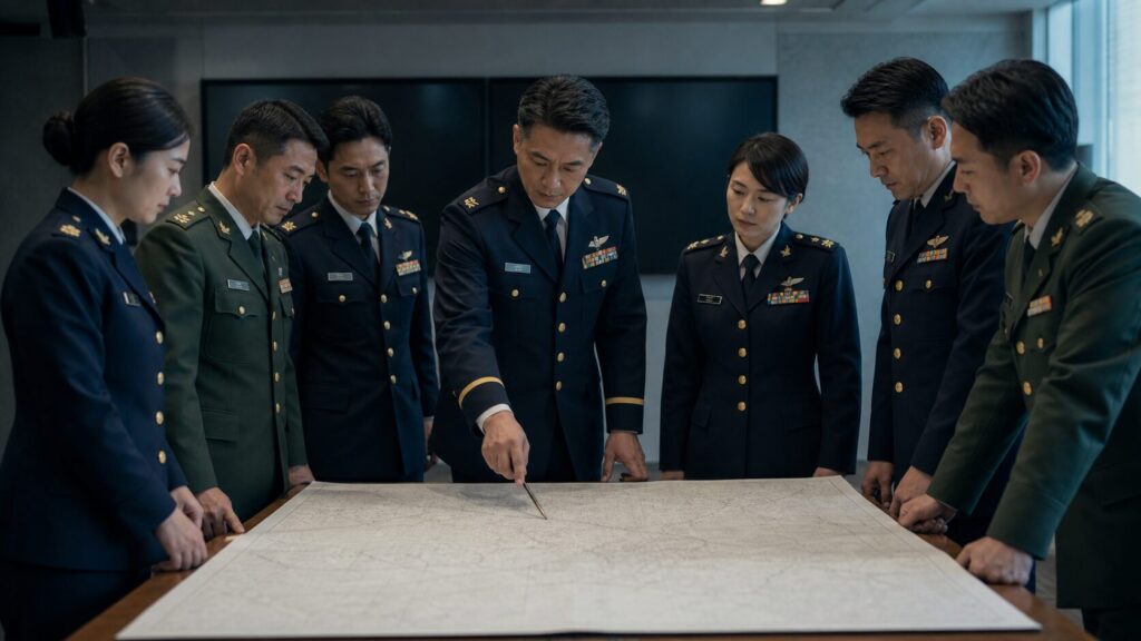 作戦図を囲んで任務を検討する幹部自衛官