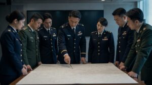 作戦図を囲んで任務を検討する幹部自衛官