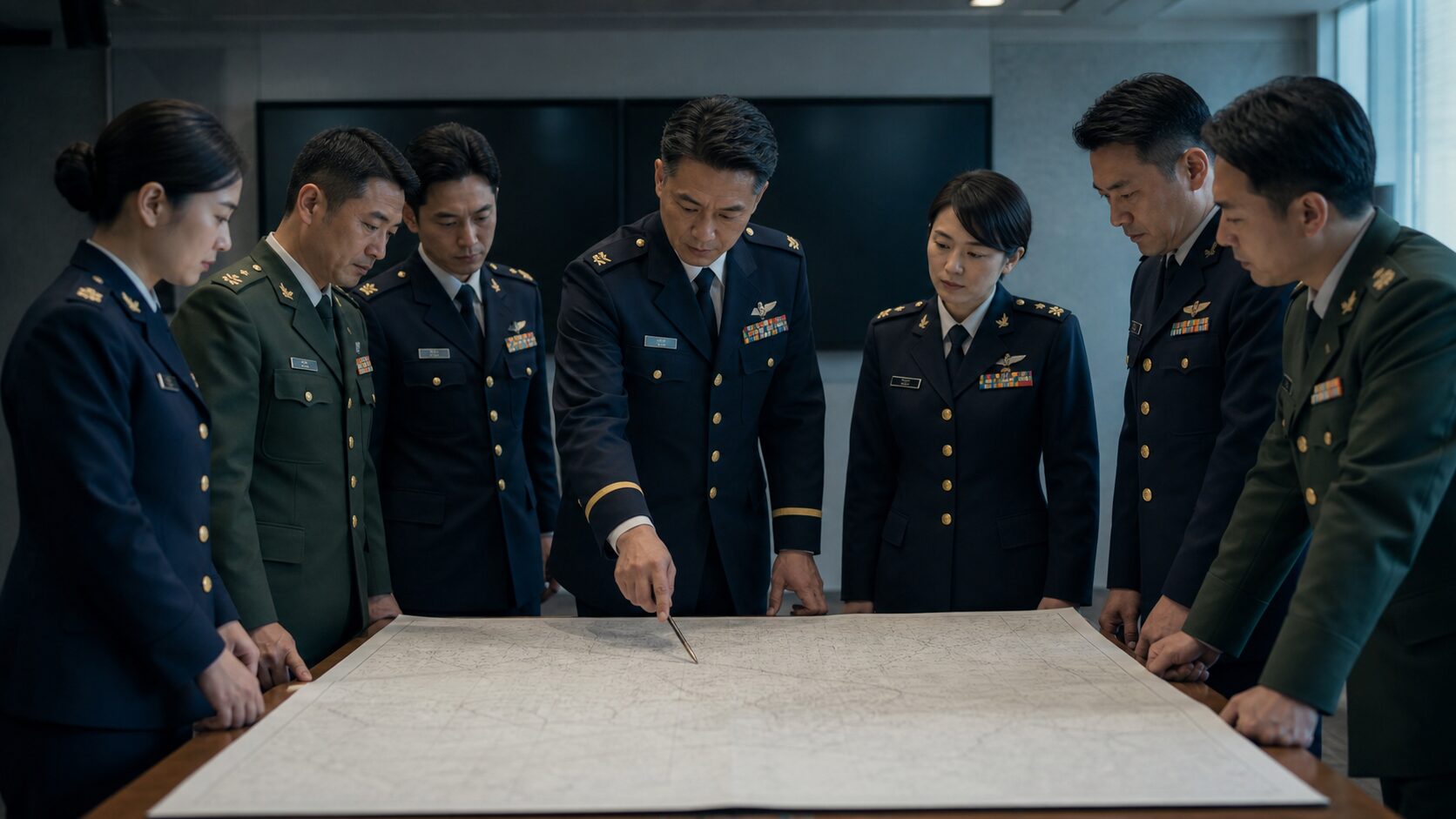 作戦図を囲んで任務を検討する幹部自衛官