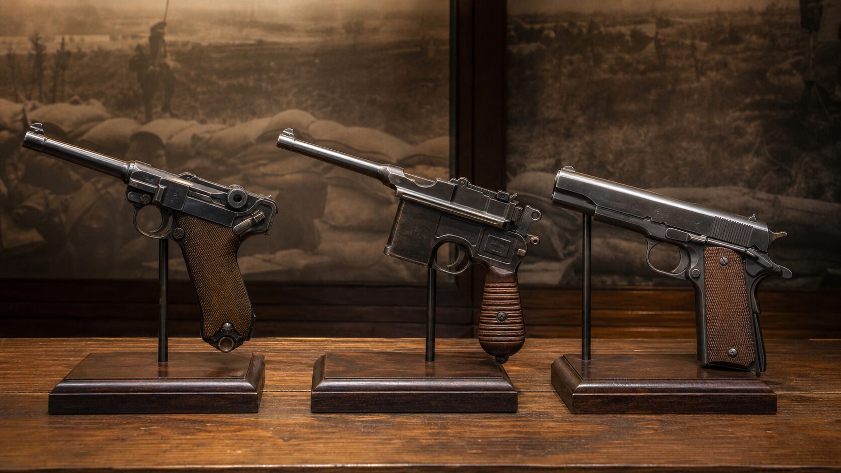 造形の異なる名銃を並べた展示
