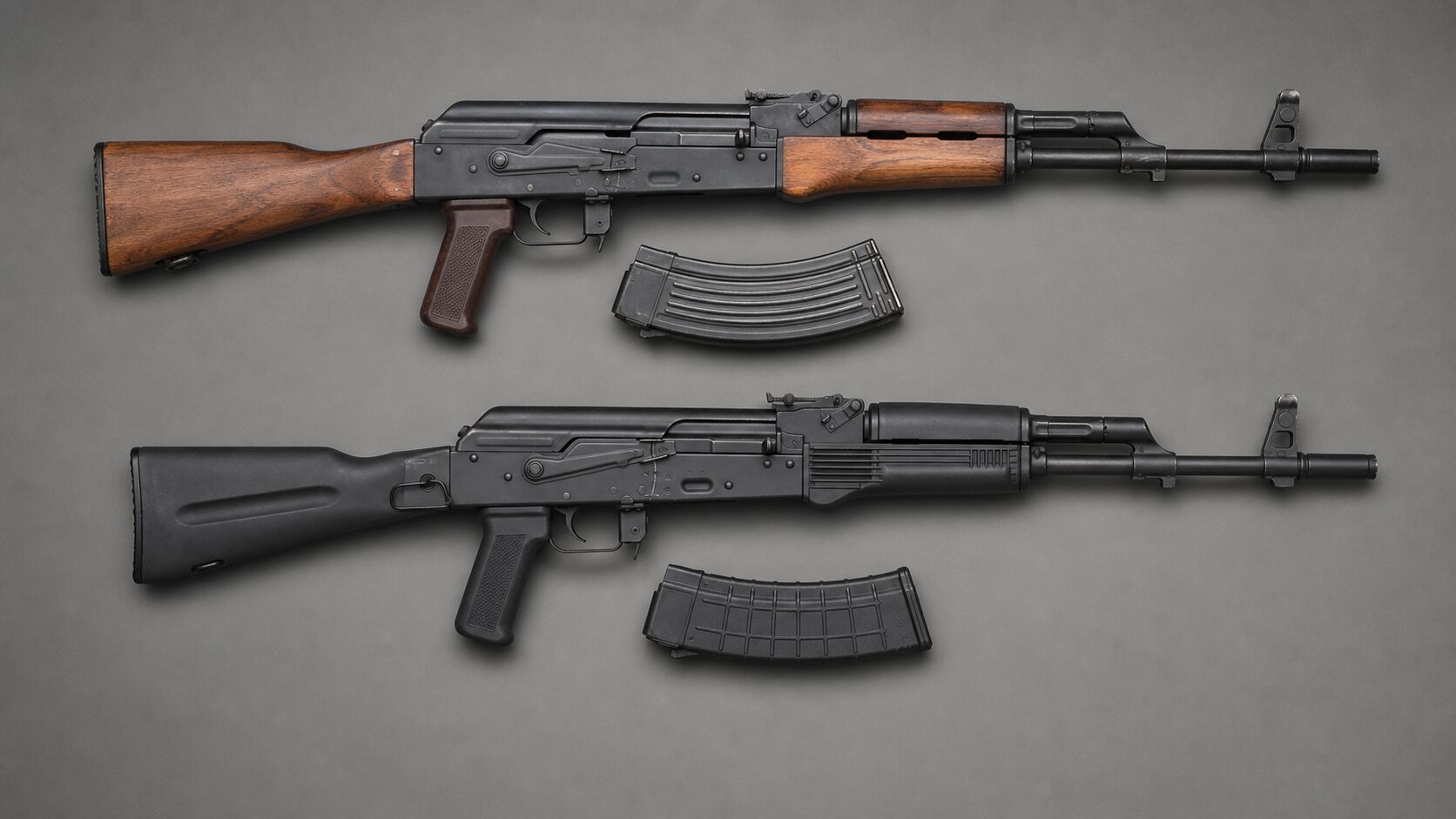 AK-47系とAK-74系の全体形状を並べた比較