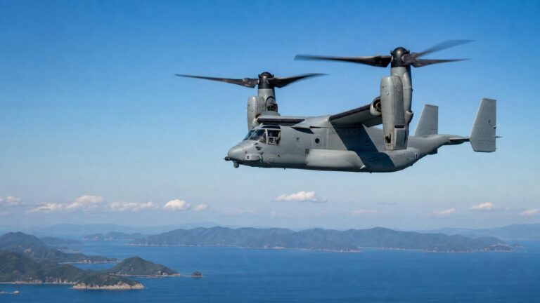 島しょ上空を飛行するV-22オスプレイ