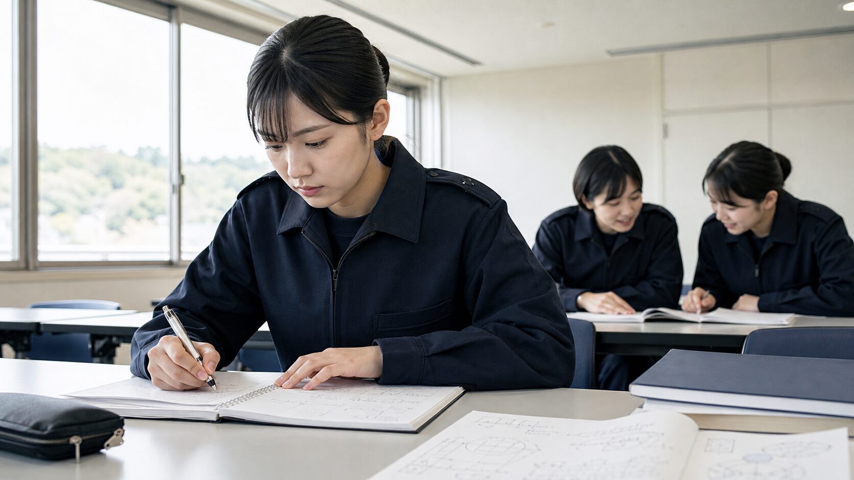 防衛大学校の教室で学ぶ成人の女子学生