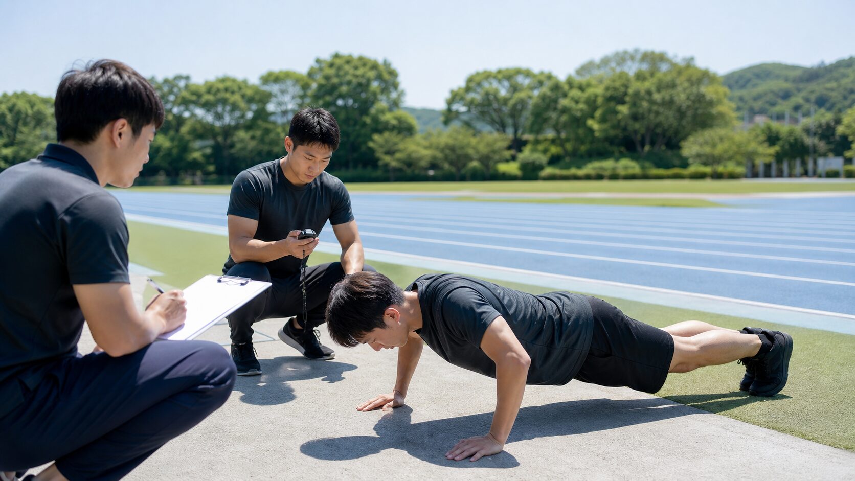 開始前に腕立て伏せと走行タイムを測定する参加者