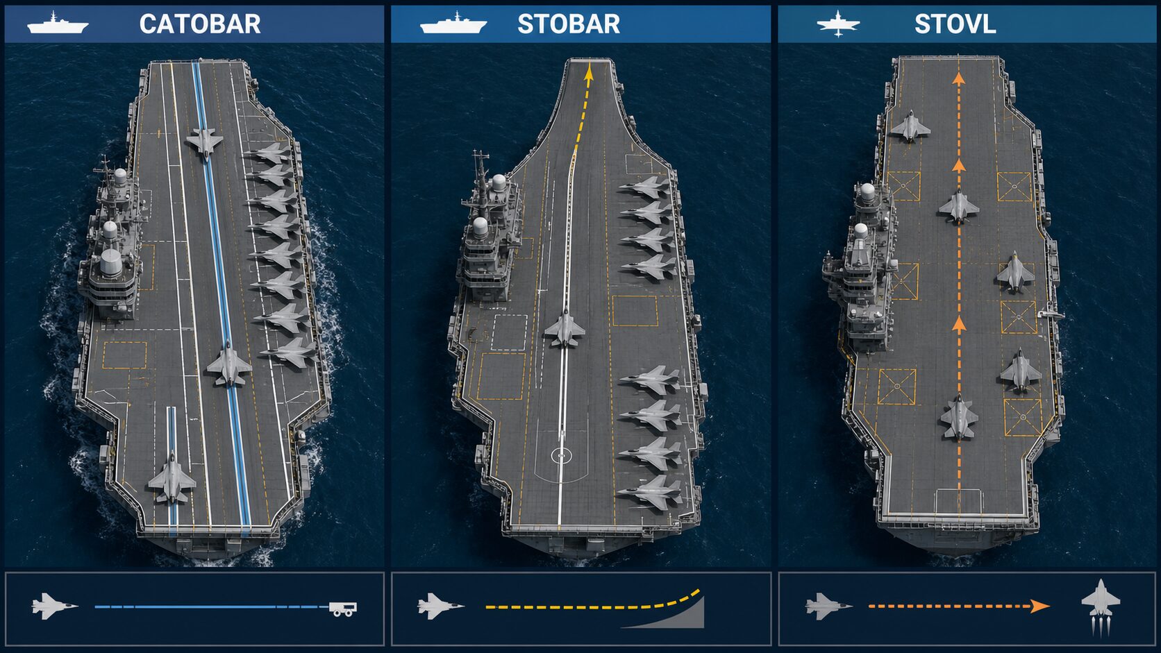 CATOBAR・STOBAR・STOVLの甲板構成