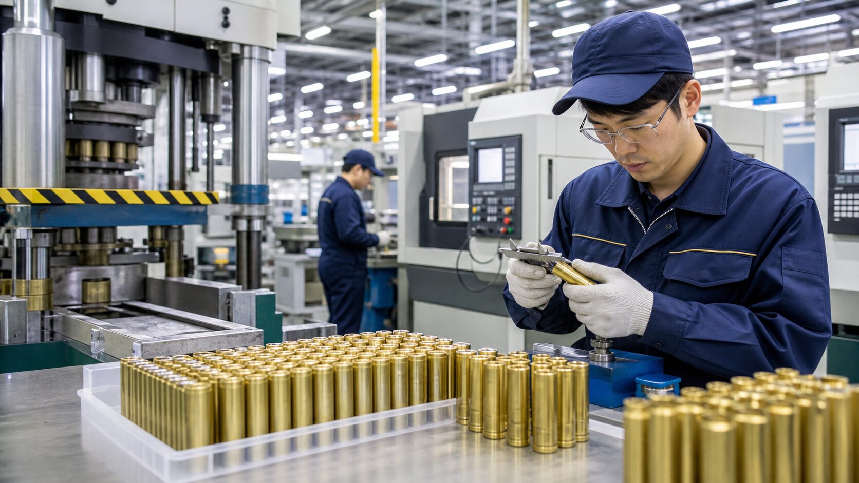 プレスと精密測定で金属薬莢を成形する工場
