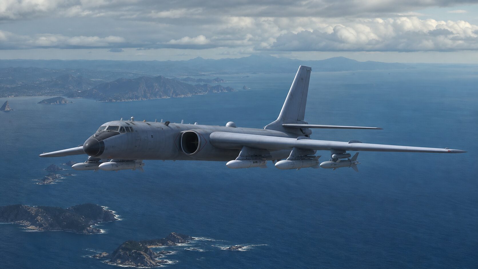 巡航ミサイルを搭載して長距離打撃任務へ向かうH-6K型爆撃機