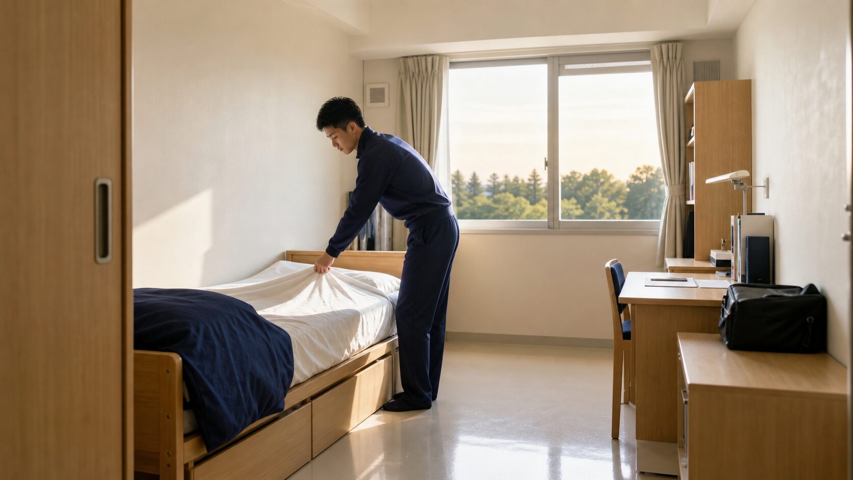 起床後に身支度と居室整理を行い朝礼へ向かう学生