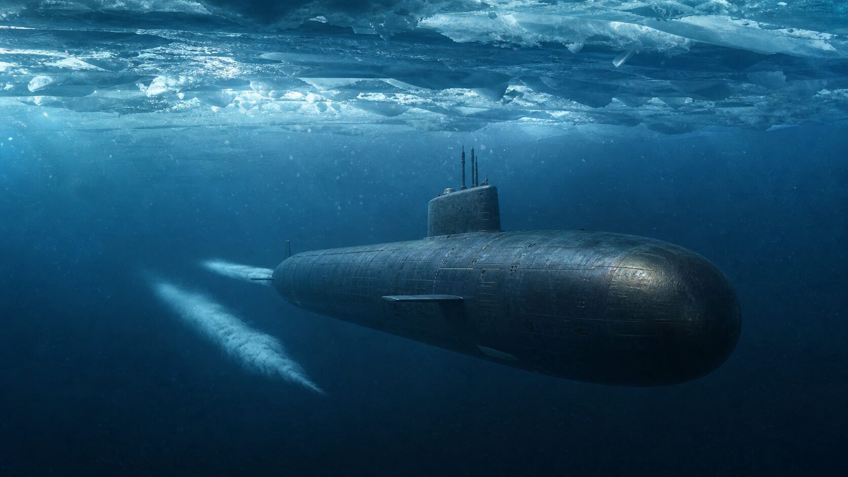 北極海の氷を割って浮上する大型戦略原潜