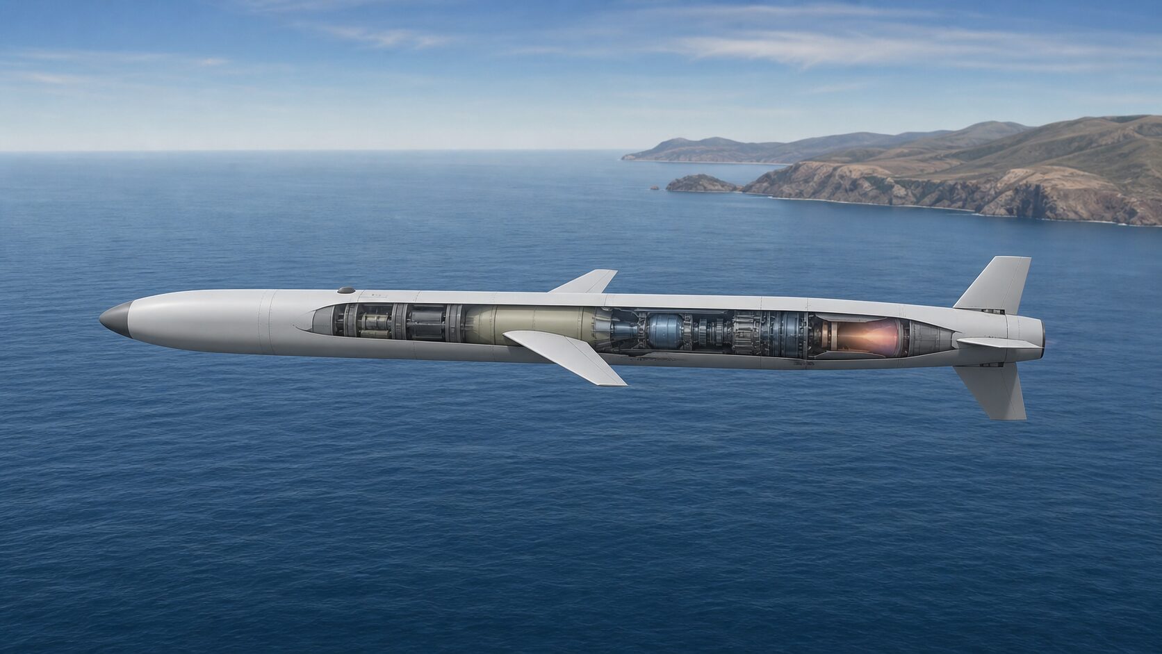 海上を水平飛行する巡航ミサイルの機体と内部構造