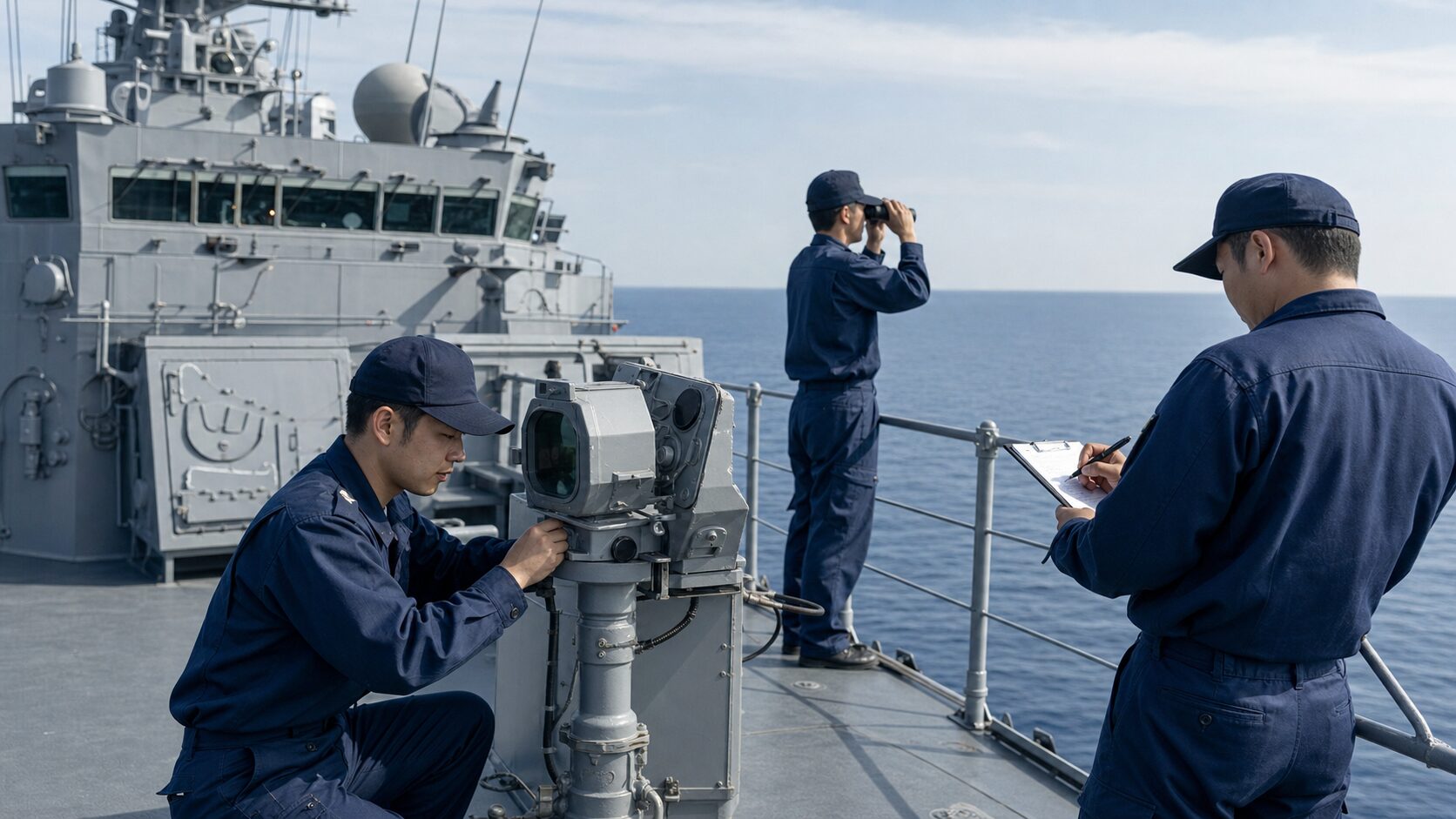 護衛艦上で見張りと装備点検を行う海上自衛官