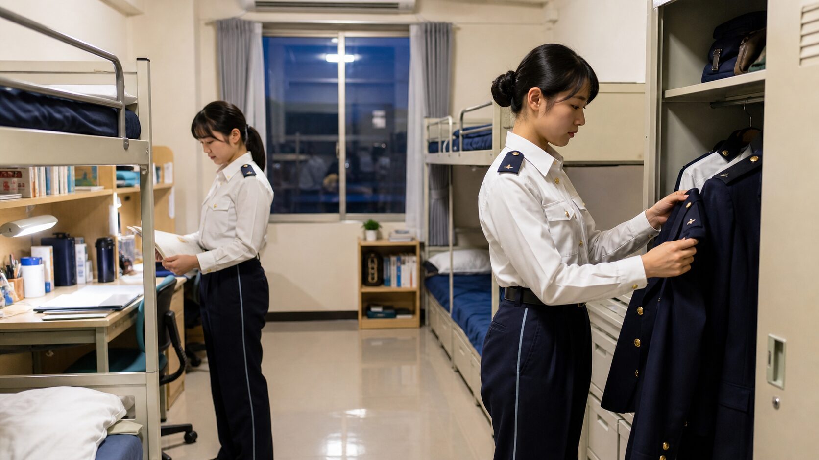 防衛大学校の学生舎で制服と学習用品を整える成人の女子学生