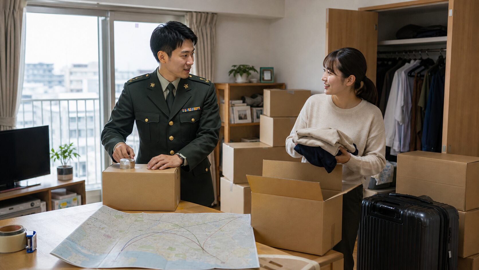 転勤に備えて荷造りする幹部自衛官と家族