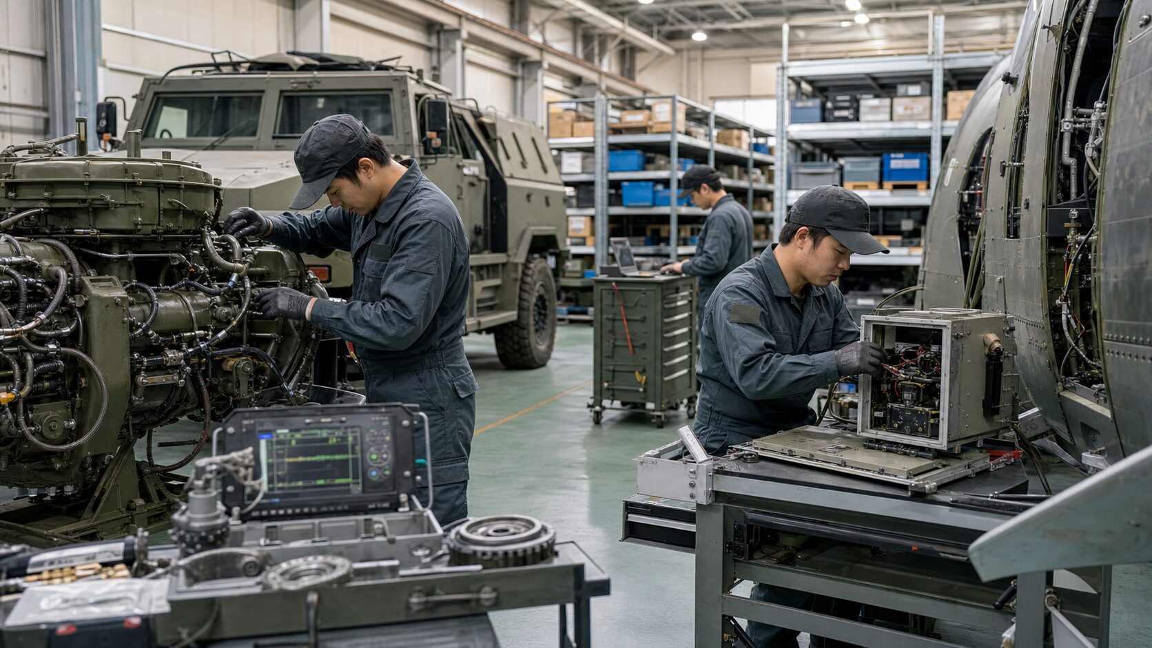 補用品と整備記録を確認する防衛装備の保守チーム