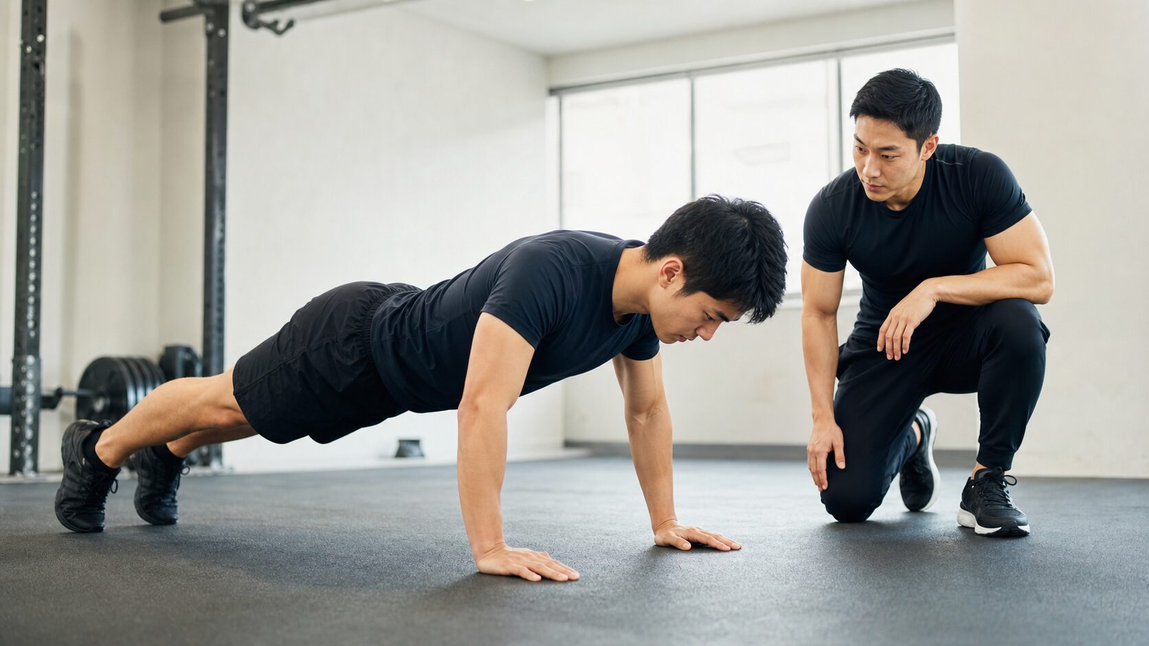 一直線の姿勢を保って腕立て伏せを行う訓練者