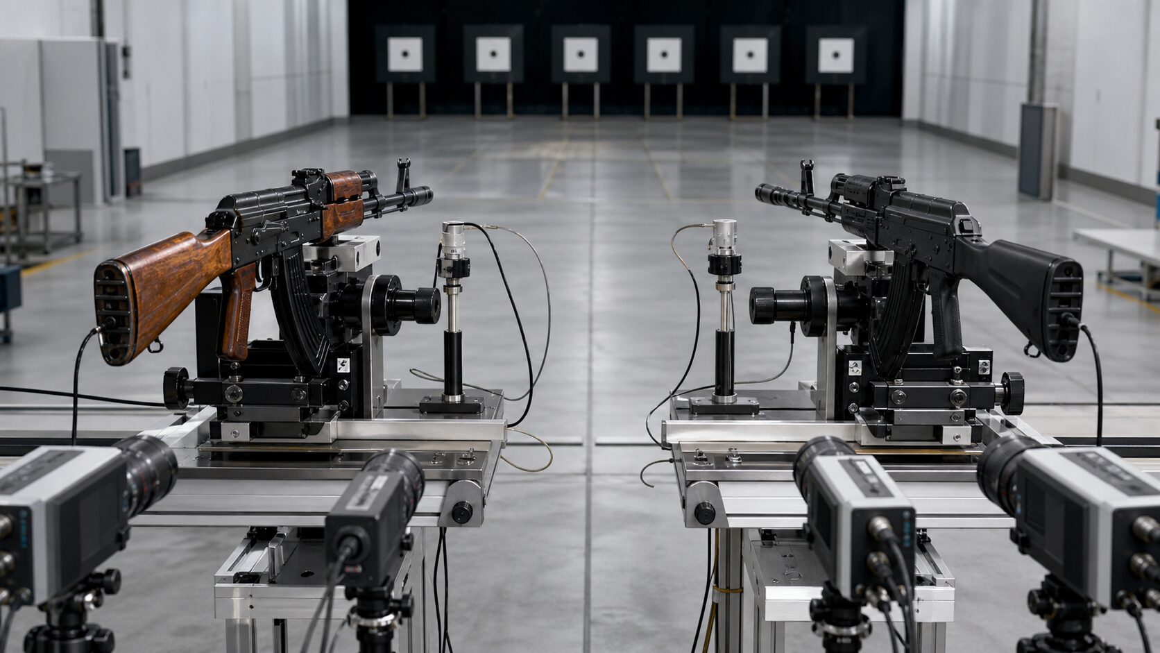 二世代の小銃を固定架台で比較する反動測定設備