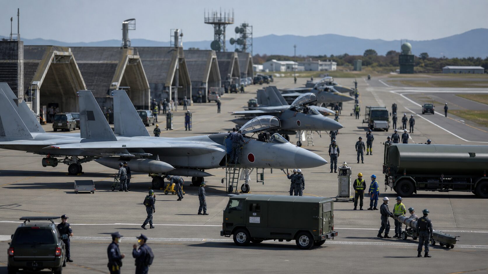 航空団の整備・基地機能に支えられて発進する戦闘飛行隊