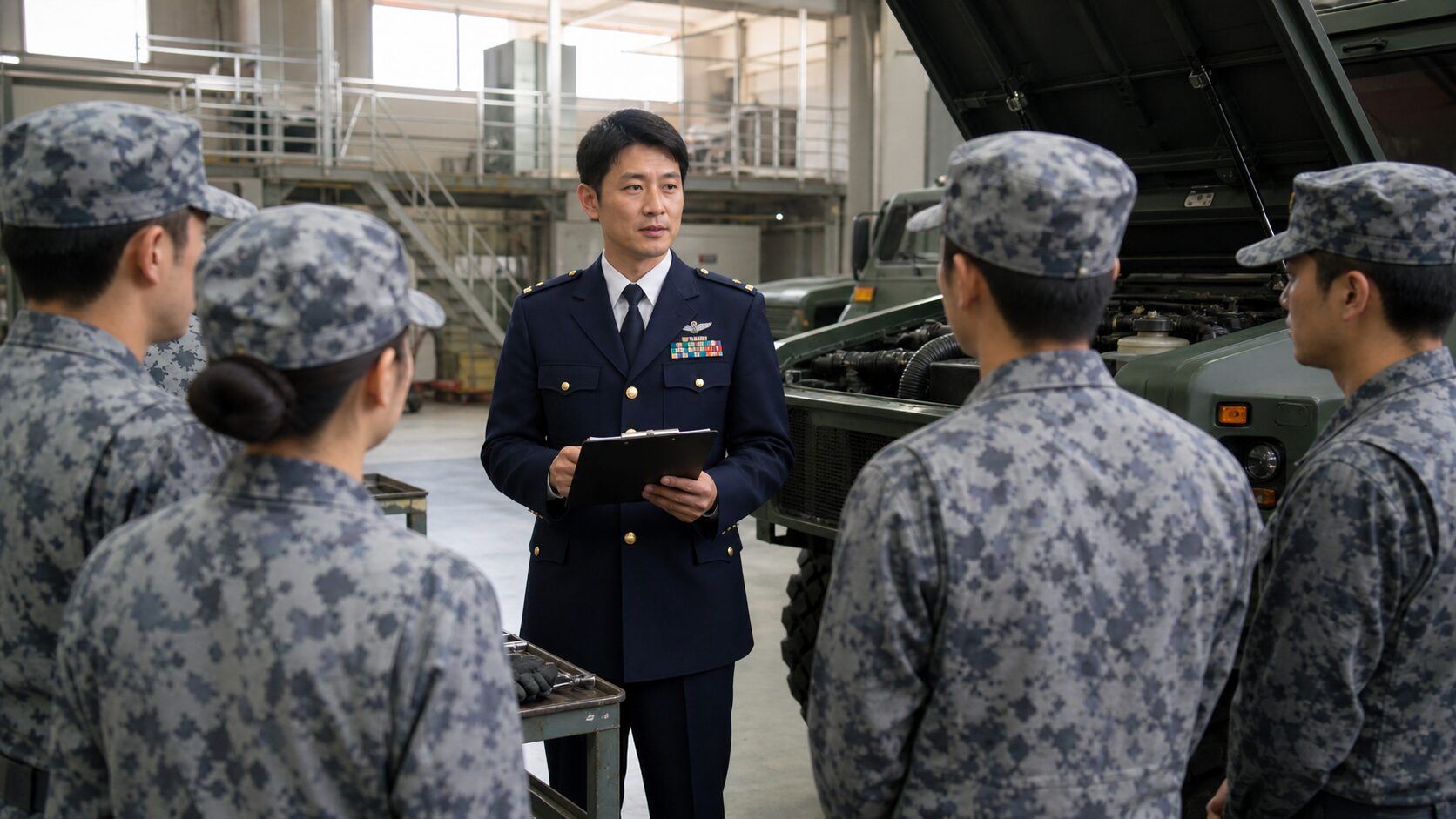 整備現場で安全確認を指揮する幹部自衛官