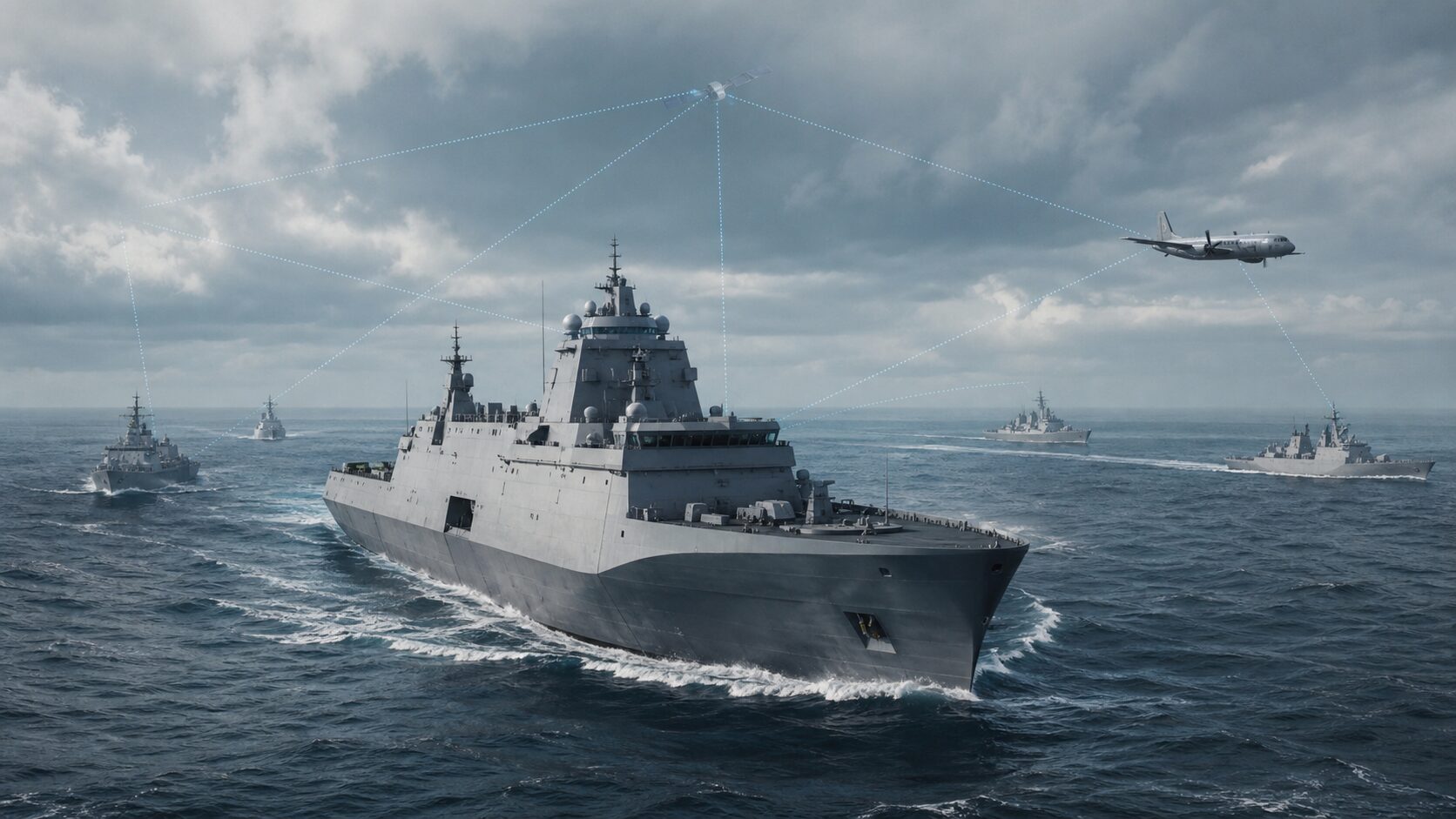 大型水上戦闘艦が航空機・衛星・護衛艦と連接する艦隊