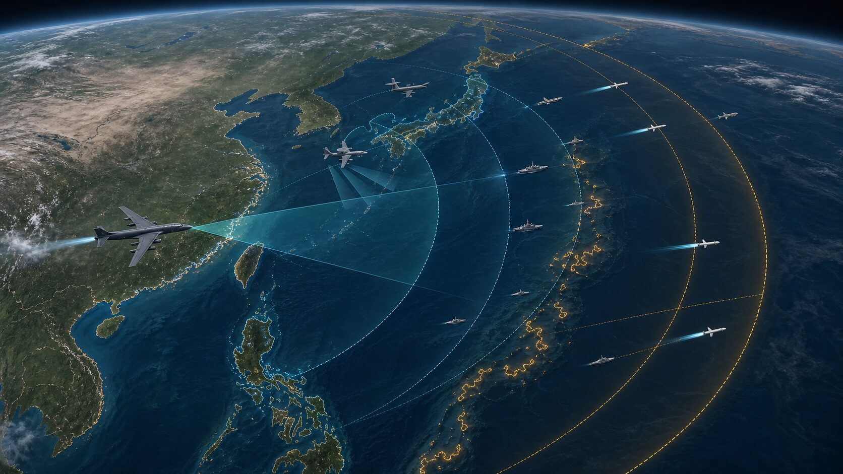 中国沿岸から西太平洋へ延びる爆撃機とミサイルの作戦到達範囲