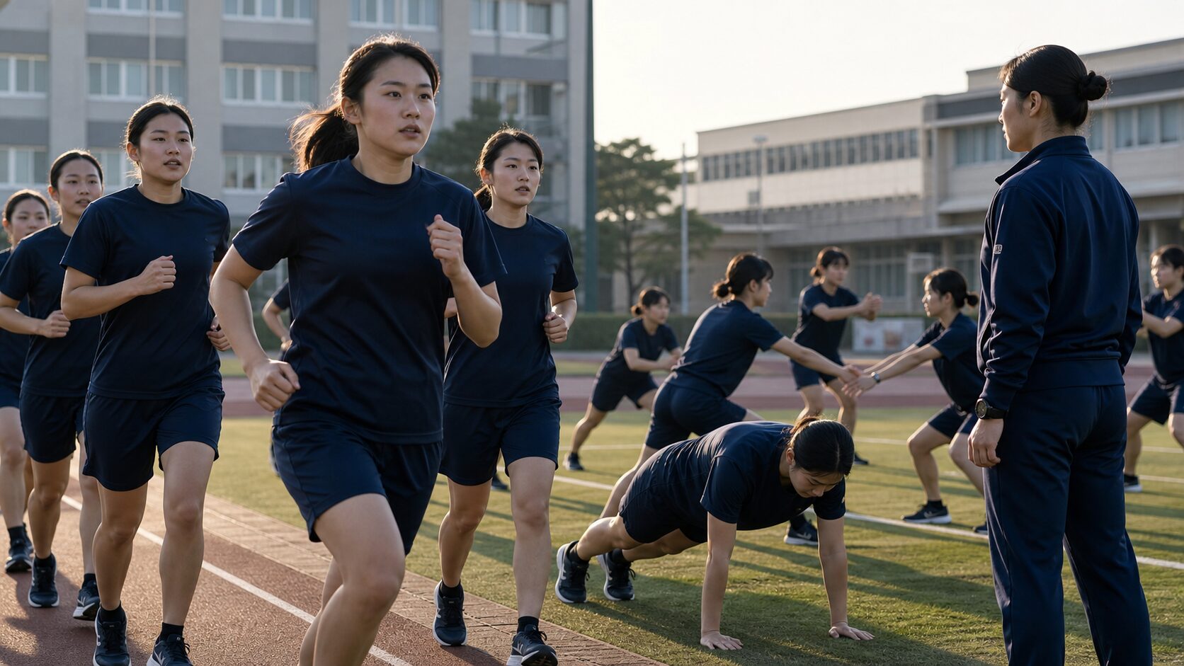 防衛大学校の運動場で基礎体力訓練を行う成人の女子学生