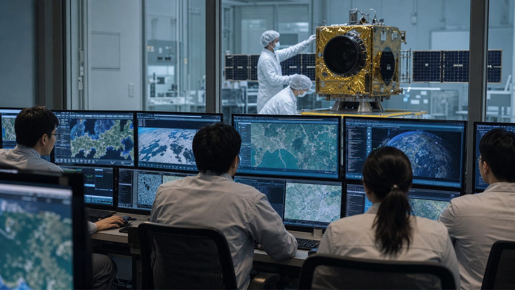 地球観測衛星と運用画面を監視する衛星管制チーム