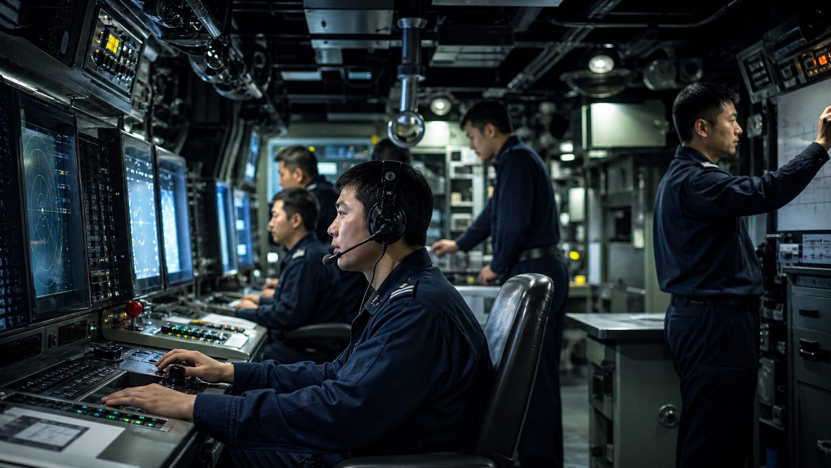 潜水艦の管制区画で任務に就く乗組員