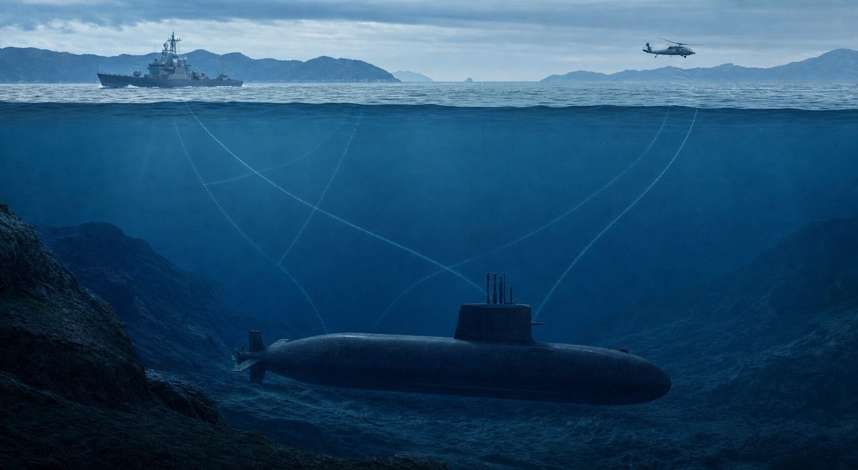 ソナーで水中を監視する潜水艦